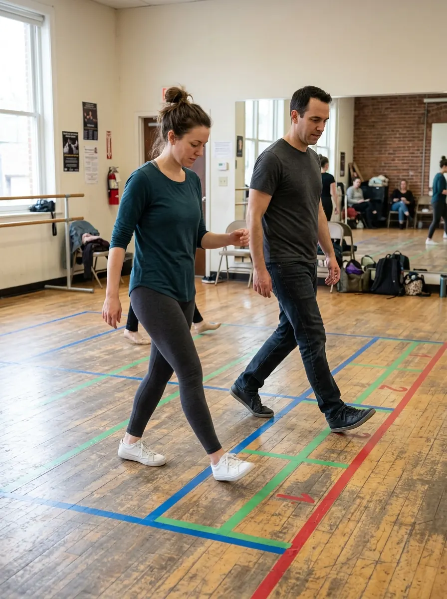 Two adults rehearsing a simple sequence on a marked studio floor